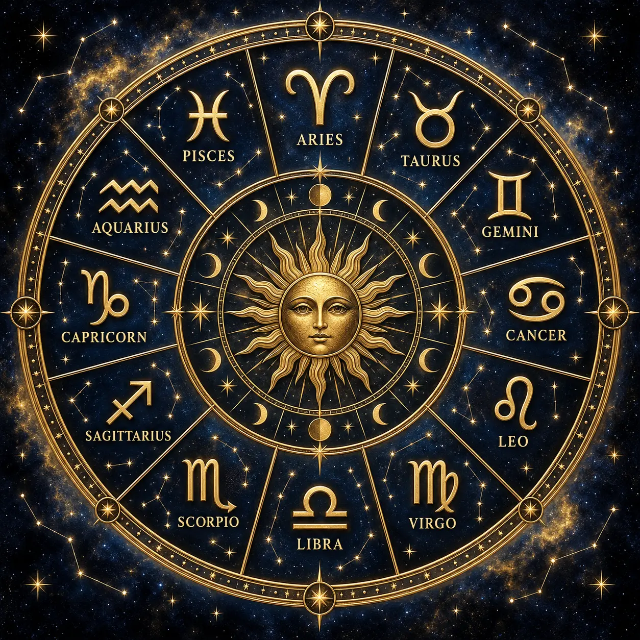 An intricately engraved golden celestial wheel on a midnight blue background