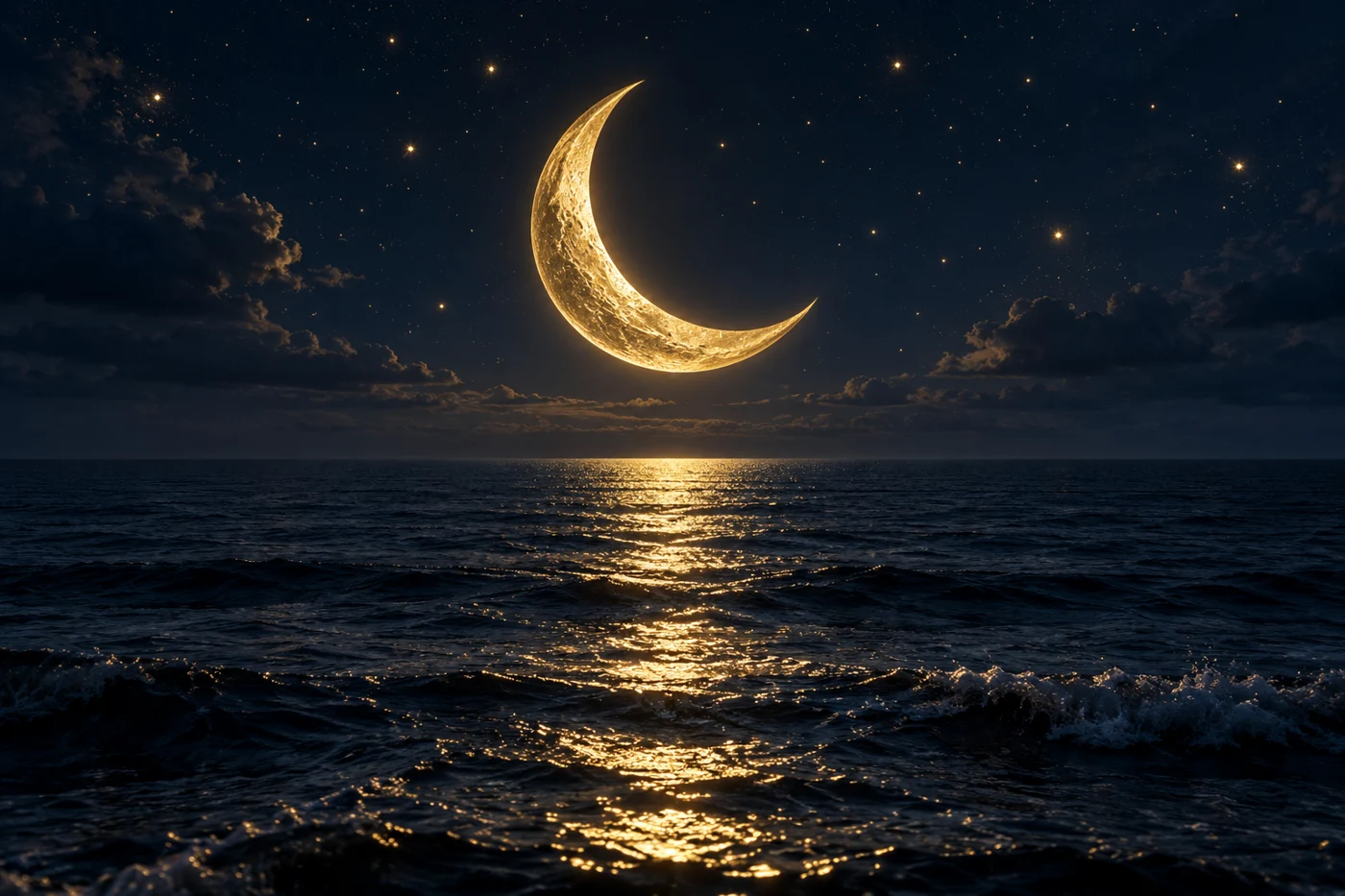 A golden crescent moon reflected in a still, dark ocean